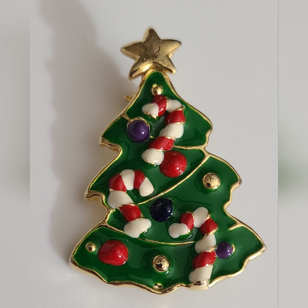 Vintage Christmas tree brooch heavy enameled 3D candy canes vtg jewelry